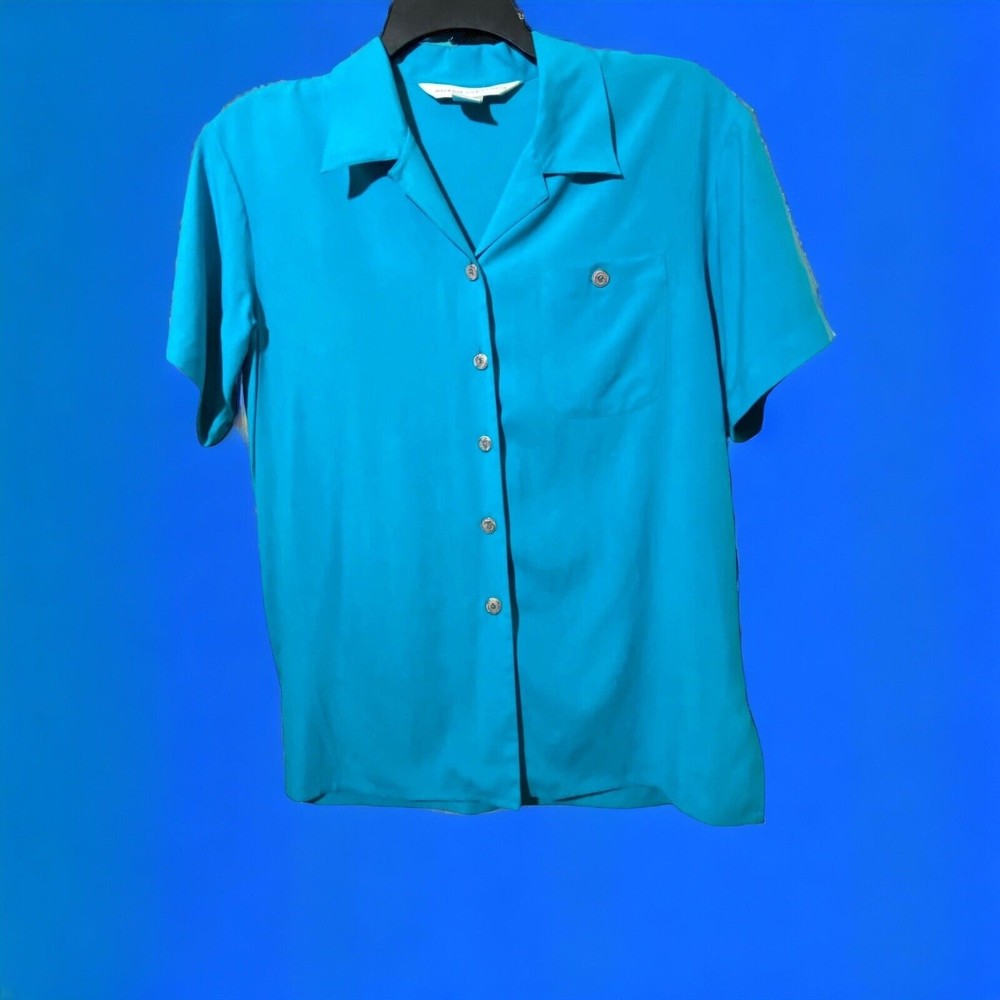 Melrose Silk Studio 100% SILK Teal Blue Button Up Short Sleeve Blouse Sz M